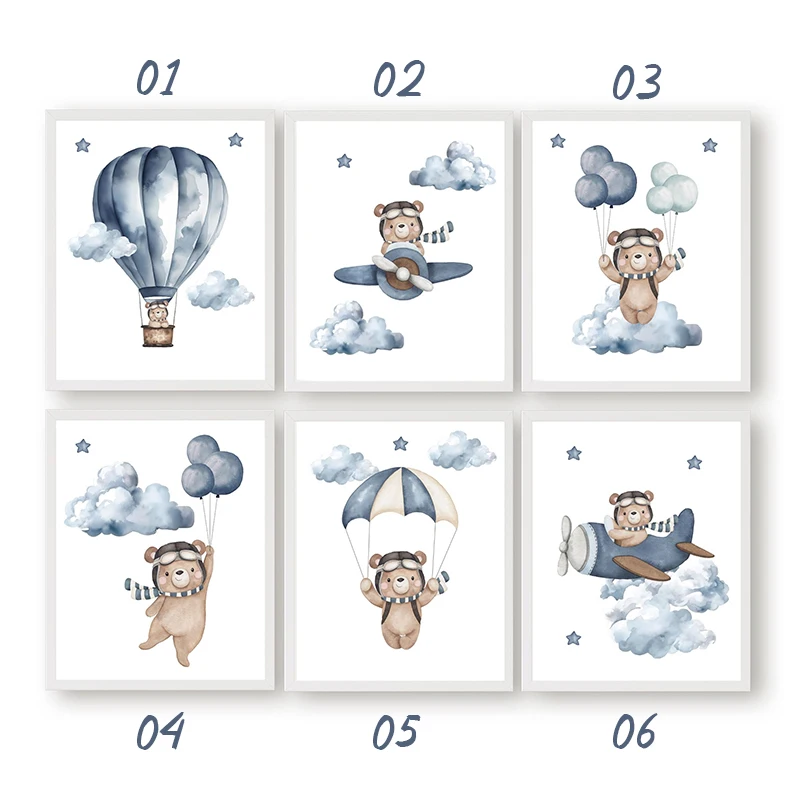 Cute Teddy Bear Space Travelling Balloon Nursery Wall Art Posters and Prints Canvas Paintings for Baby Kids Boys Bedroom Decor