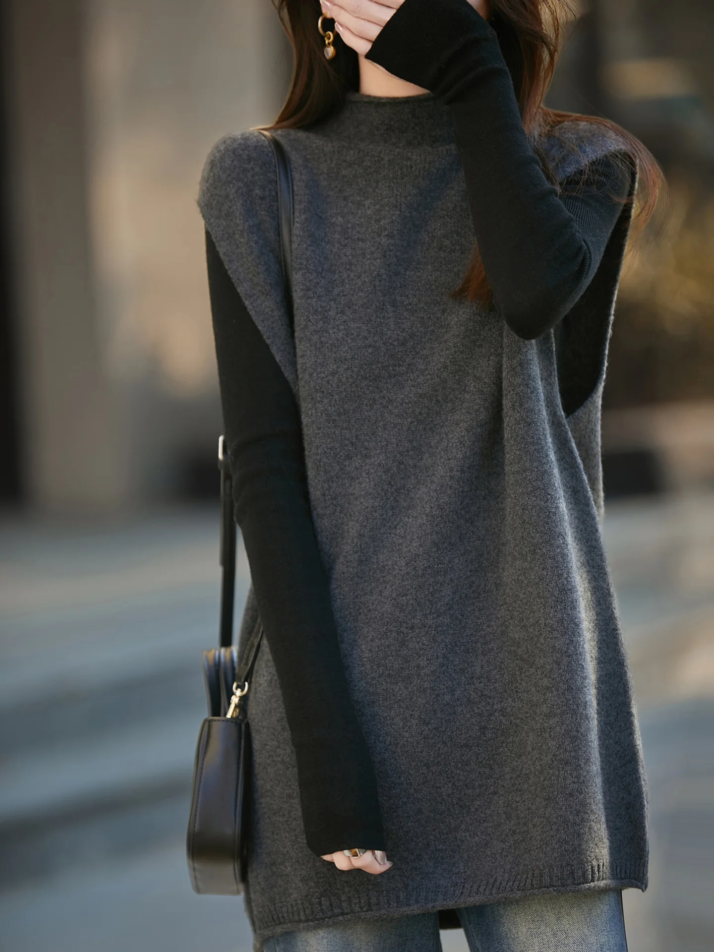 

Winter Pure Color Loose Knitted Vest Casual Svel Outerwear Warm Top Trendy Commute Sle f High Collar Mid-Length