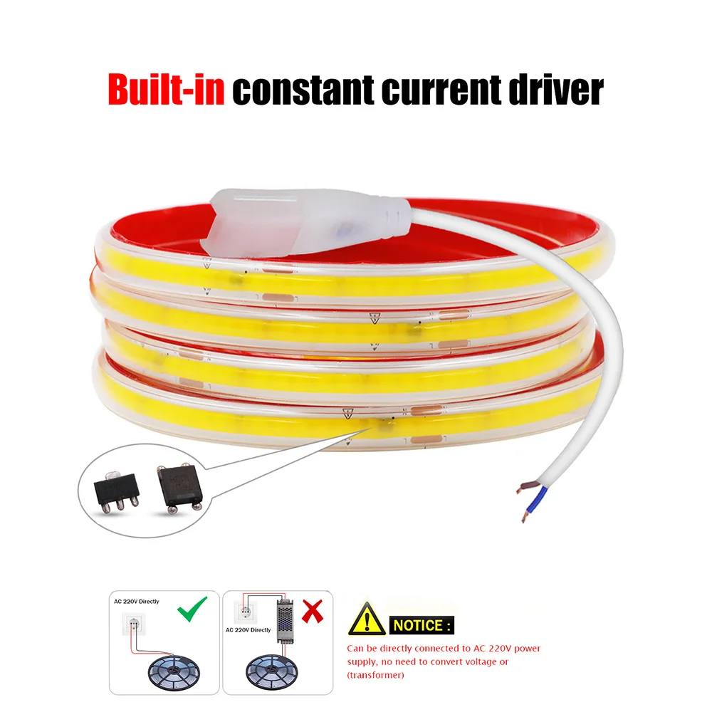 Tira de luces LED COB con adhesivo, lámpara de cinta Flexible regulable, iluminación lineal RA90/decoración del hogar, 220V, 240 LED