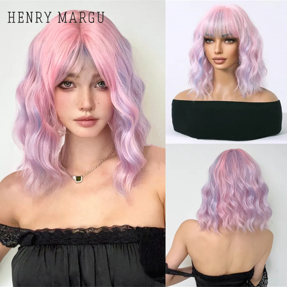 HENRY MARGU Pink Purple Short Curly Wigs with Bangs Mixed Color Party Wig Heat Resistant Synthetic Wig Pastel Hair for Women Use