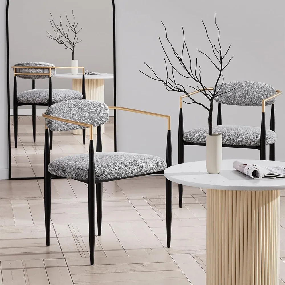 Modern Boucle Dining Chairs with Upholstered Backrest | Grey Arm Chairs Set of 2 for Kitchen, Reception, Living Room Use