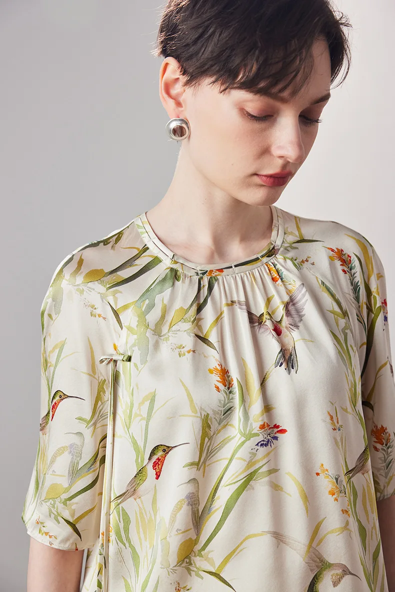 90% Natural Silk 10% Spandex Women's Blouse Printed Half Sleeves Elegant Fashion Blouse Tops