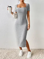 Fashion hot French square neck sexy slim side slit wrap hip rib knit short sleeve dress