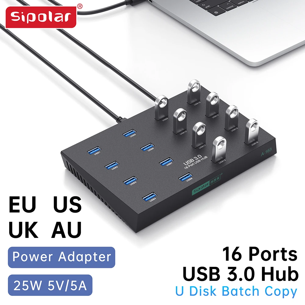 Sipolar A-163 USB3.0 HUB 16-port docking station U Disk Batch Copy Power Adapter 5V5A for computer notebook