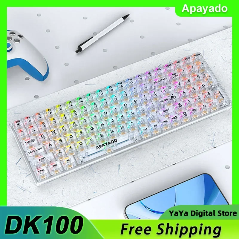 Apayado Dk100 Transparent Ice Three-mode Keyboard,pc High-transparent Crystal Keycaps,full-key Hot-swappable Rgb Keyboard