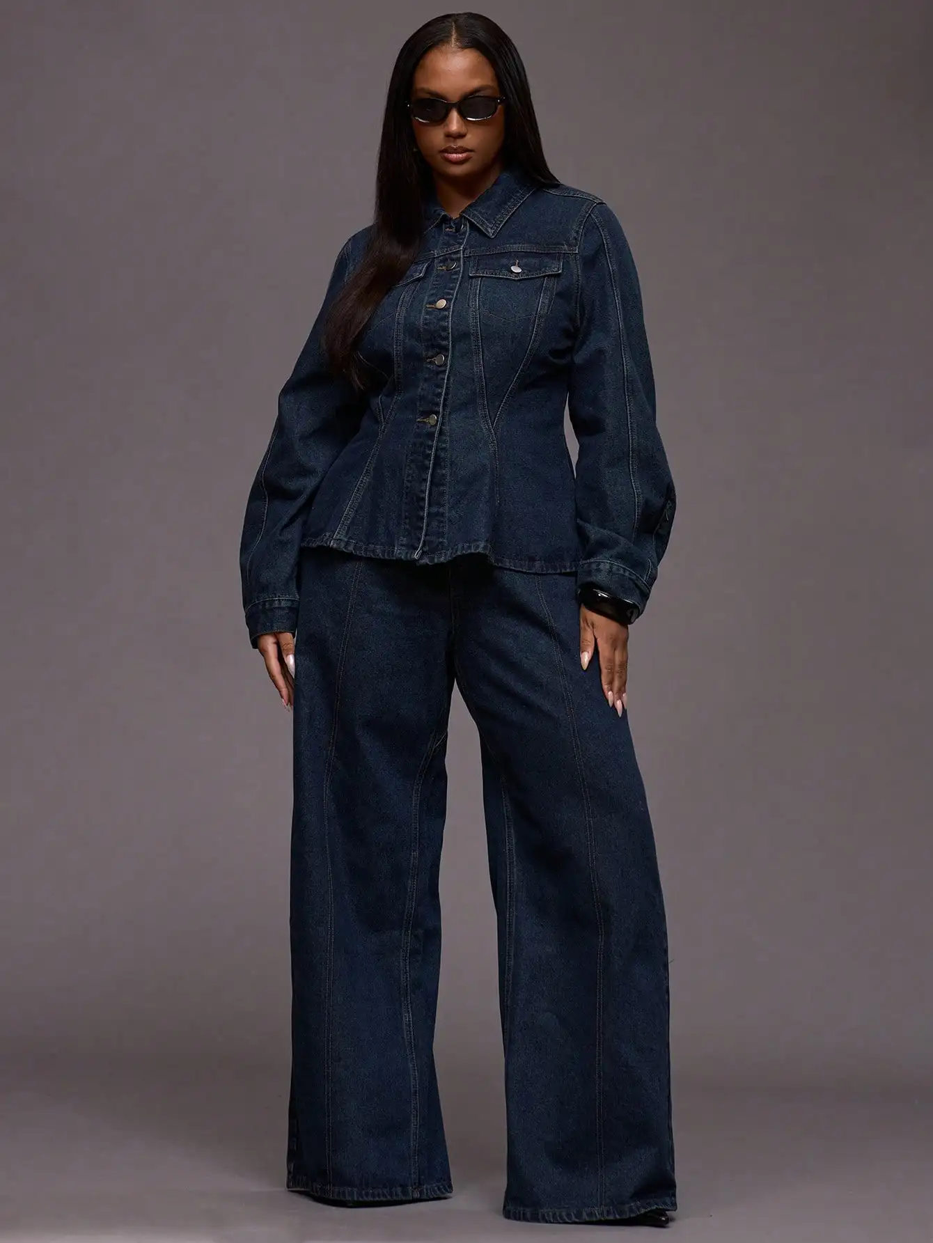 

Denim Jacket With Contrast Stitch Cinched Waist Button Front Casual Streetwear