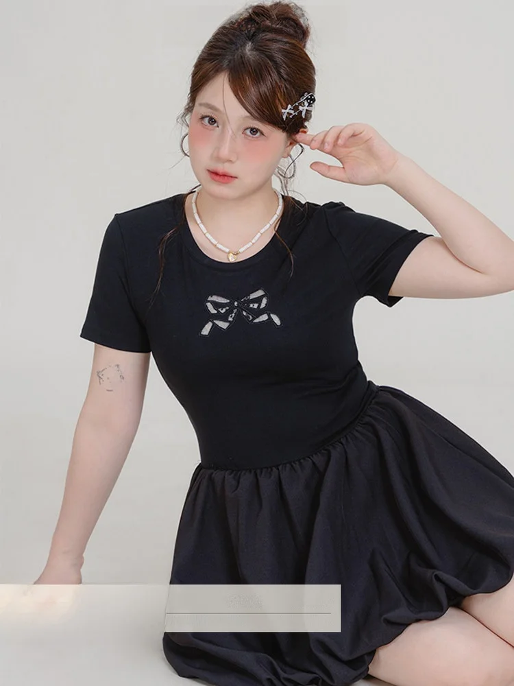 

Heynew plus Size Women's Bla Hollow out Bow Tie Dr Slimming A-Line Skirt Ci Commute Sle Korean Faion Summer Dr