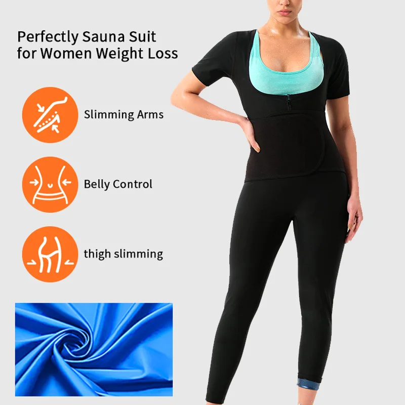 المرأة 4 في 1 ساونا بذلات رياضية سراويل قصيرة الأكمام للكبار الدهون تجريب فقدان الوزن كامل الجسم التخسيس المشكل مدرب خصر