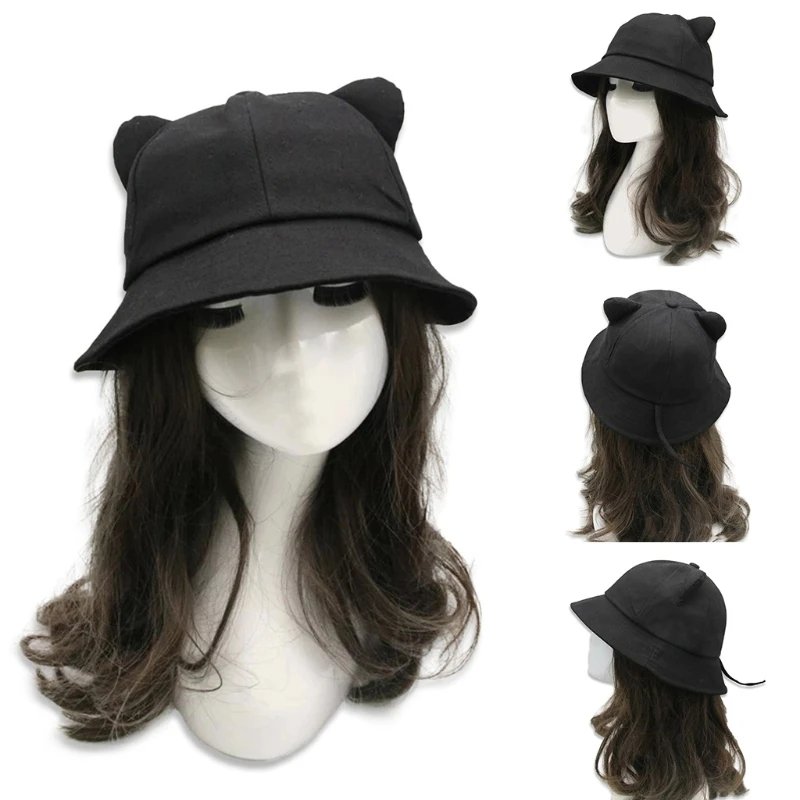 634C Cartoon for Cat Ear Tail Fisherman Hat Sweet Basin Hat Wide Brim for Girlfr