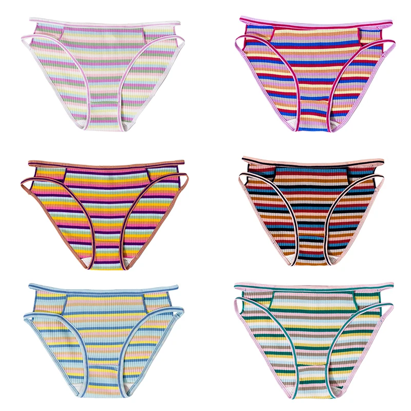 Fashionable Women's Rainbow Striped Seamless Cotton Panties Comfortable Strap Briefs Underwear