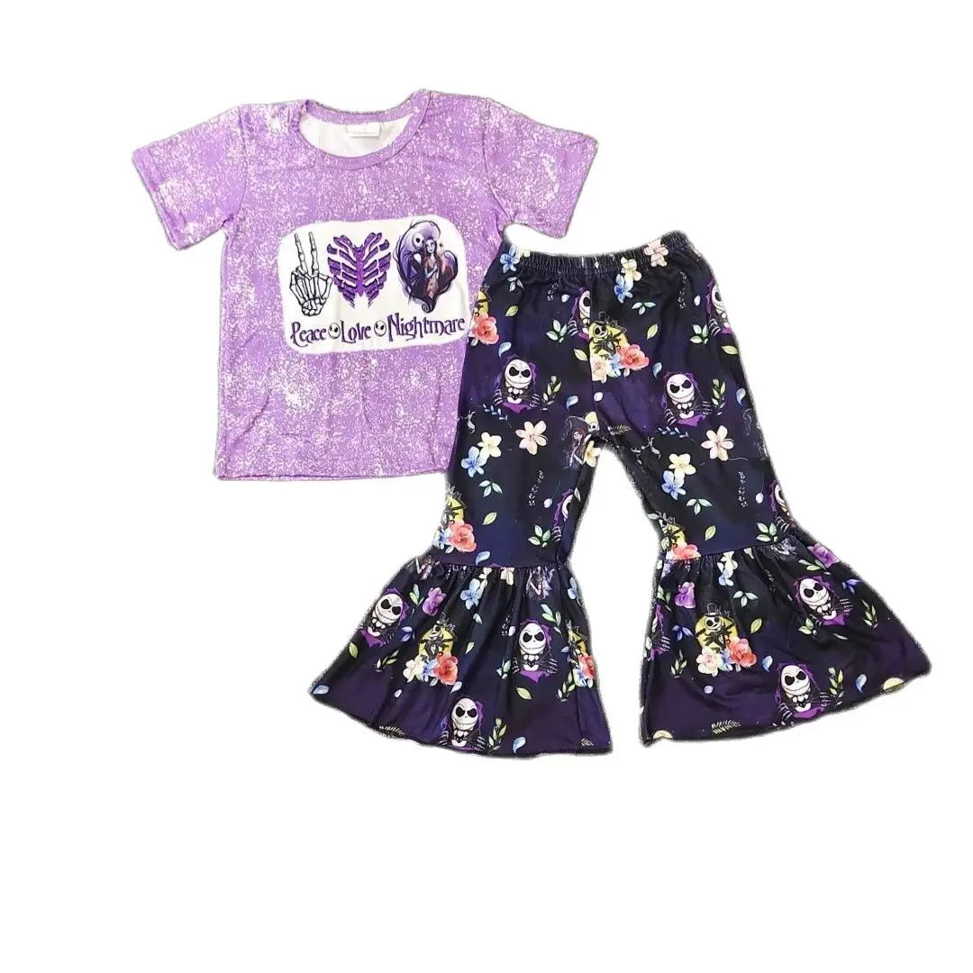 Boutique Girls Peace Loves Dark Skull Print Pattern Short Sleeve Top Flared Pants Two-piece Set