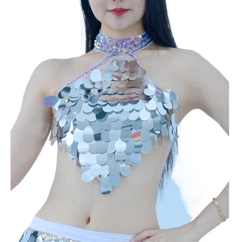 Sujetador con flecos brillantes para mujer, Top con cuello Halter para danza del vientre, baile de Gatsby, lentejuelas brillantes, Tribal, Push Up, disfraz, ropa de Club