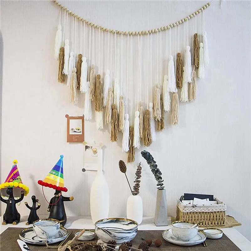 EYFL-4X Macrame Wall Hanging-Large Macrame Wall Hanging With Wood Beads-Bohemian Wall Decor For Bedroom And Living Room Brown