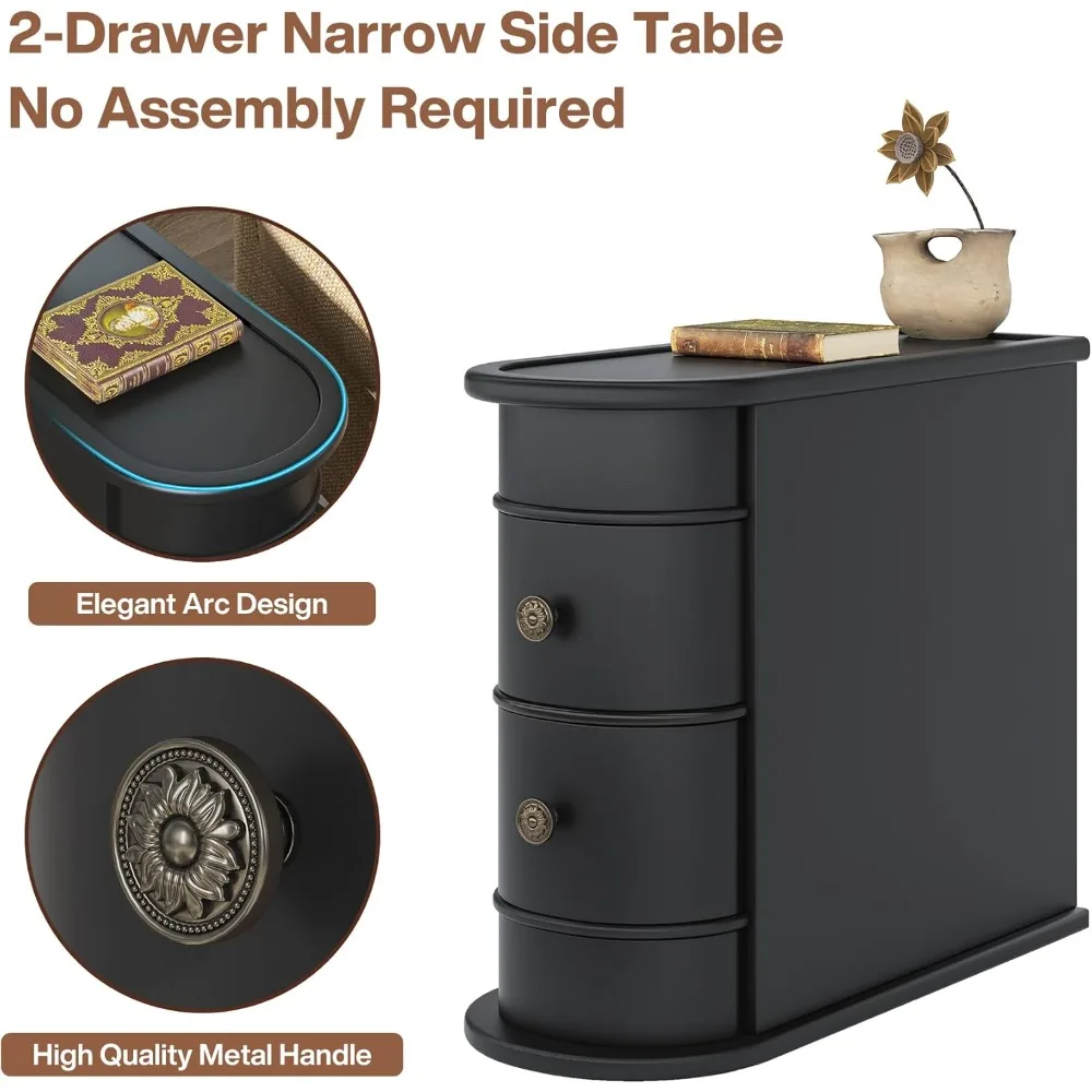 Mesa auxiliar delgada de madera maciza con 2 cajones y espacio para silla, sin necesidad de montaje, acabado negro