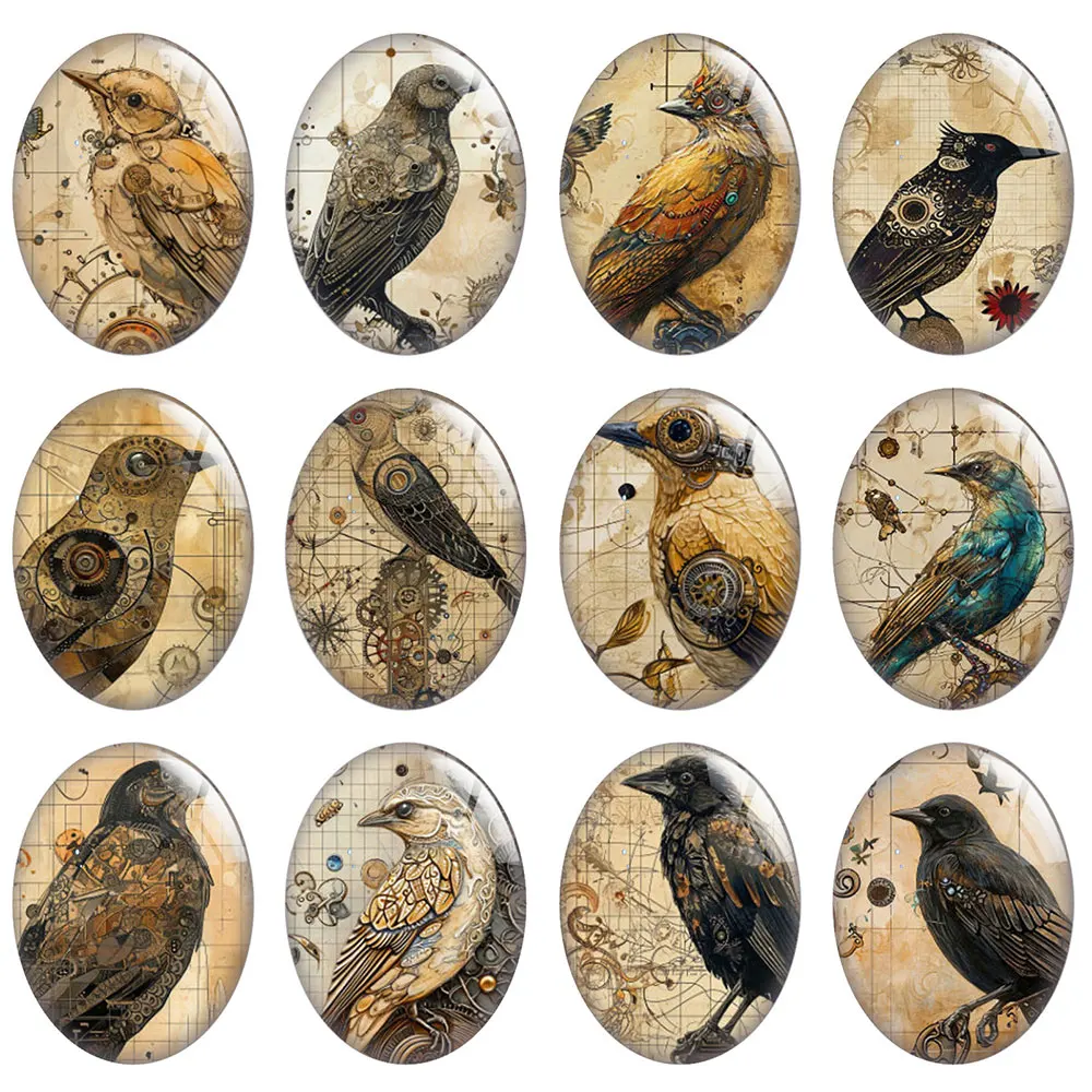 10pcs/lot Halloween Steampunk Gear Bird Raven Oval Photo Glass Cabochon Flatback Demo Cameo For Diy Jewelry Making