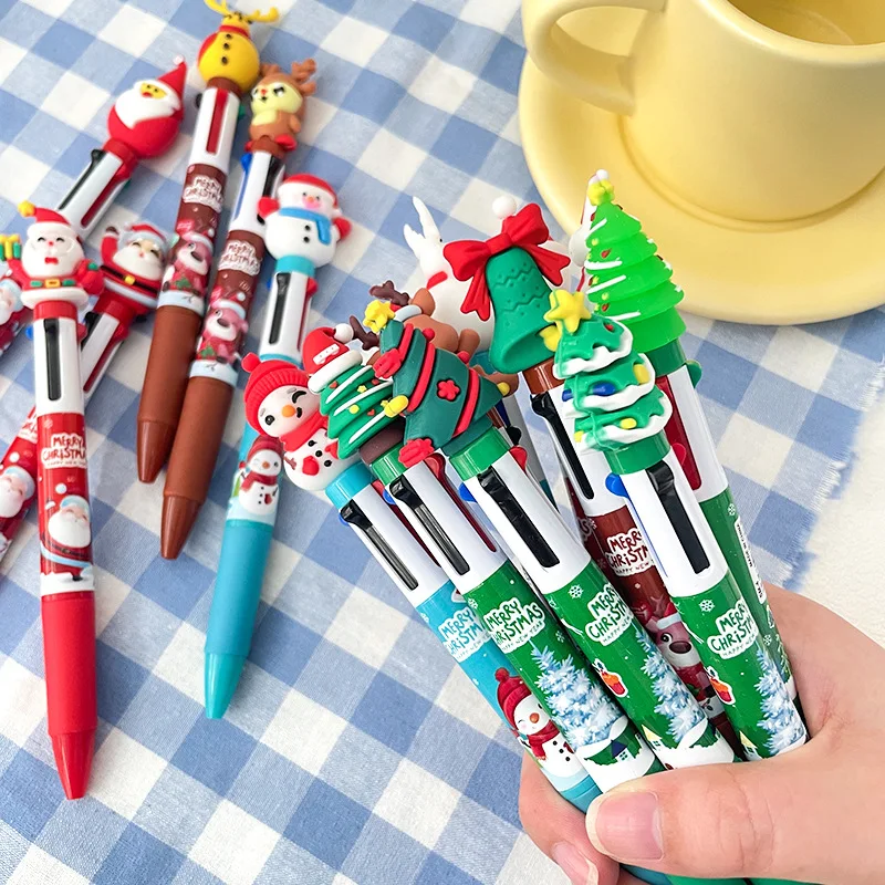 10Pcs Cute Santa Claus Reindeer Snowman 4 in 1 Colors Ballpoint Pen for Merry Christmas Theme Party Favors Back To School Gifts