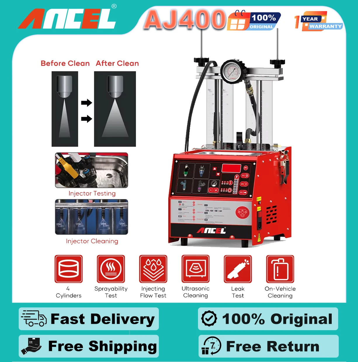 

ANCEL AJ400 4-Cylinder Car Diagnostic Tools Heating Cleaning Machine Ultrasonic Cleaner Test for 110V 220V Cleaner Fuel Injector