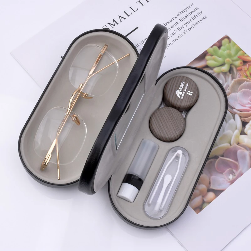 Pressure-resistant dual-purpose double-layer contact lens case imitation wood-grain contact lens case fashion frame glasses case