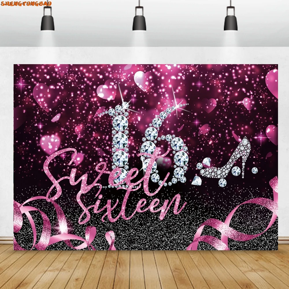 الخلفيات الوردية سعيد 16th 18th 30th 40th حفلة عيد ميلاد لامعة الماس النقاط بالونات مخصصة راية ملصق خلفية الصورة