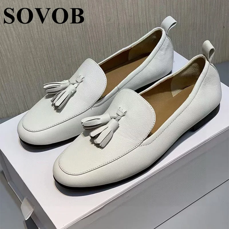 

Spring Autumn Round Toe Tassel Genuine Leather Flat Shoes Women's Retro Thick Sole Shallow Mouth Loafers Daily Commuter Shoes