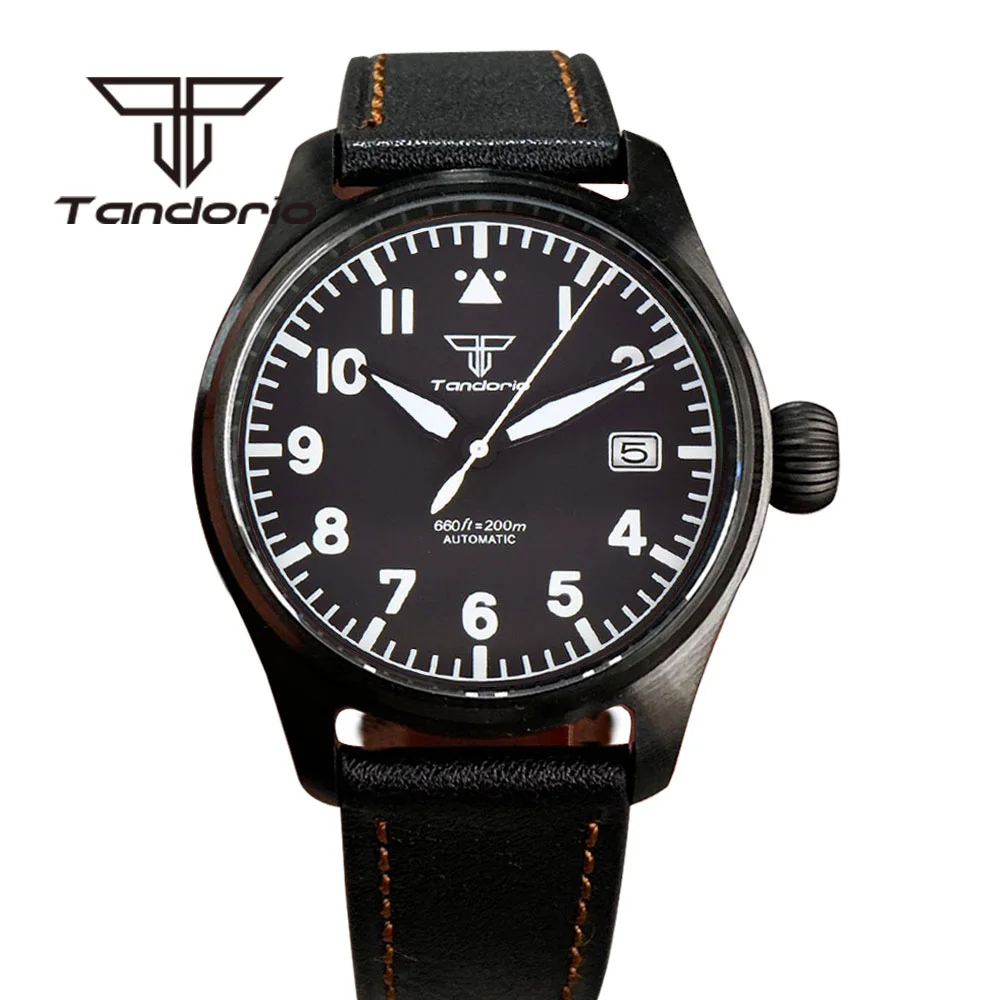 Tandorio Dress Black PVD 39mm 200m Dive Pilot Automatic Men Watches NH35A PT5000 Big Screw Crown Sapphire Glass Green Luminous