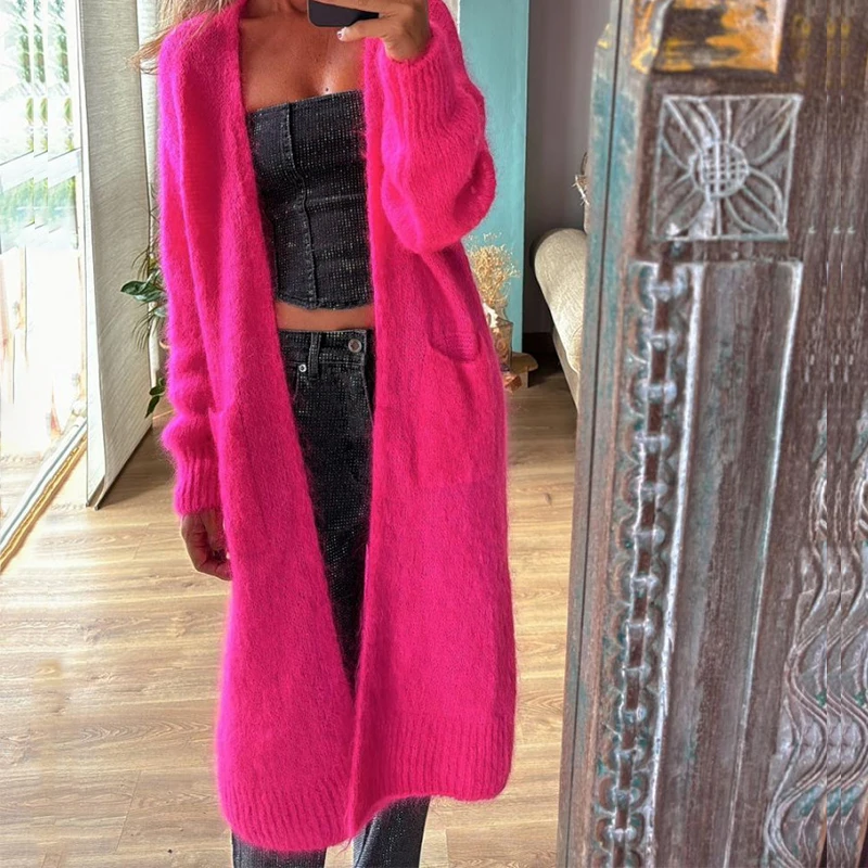 Casual High Street Loose Sweater Coat 2024 Winter Solid Color Knitted Cardigan Office Ladies V-neck Long Sleeve Pocket Sweate