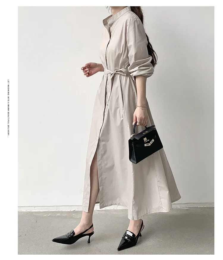فساتين نسائية أنيقة بحزام قمصان طويلة على الطراز الكوري للربيع والصيف بأكمام طويلة فستان أسود كاكي موضة المكتب XY107