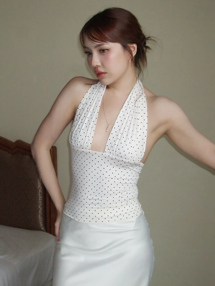

Whatiwear топы на бретелях в горошек в стиле пэчворк, женские топы на бретельках с глубоким вырезом и открытой спиной, летняя тенденция, обтягивающие эластичные рюши, элегантная уличная одежда