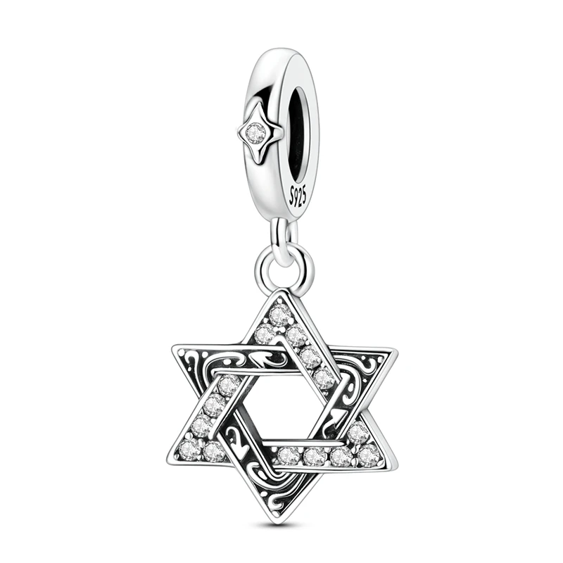 925 Sterling Silver Charms Bead CZ Zircon Vintage Hexagram Dangle Fit Original Bracelet DIY Women Jewelry Gift