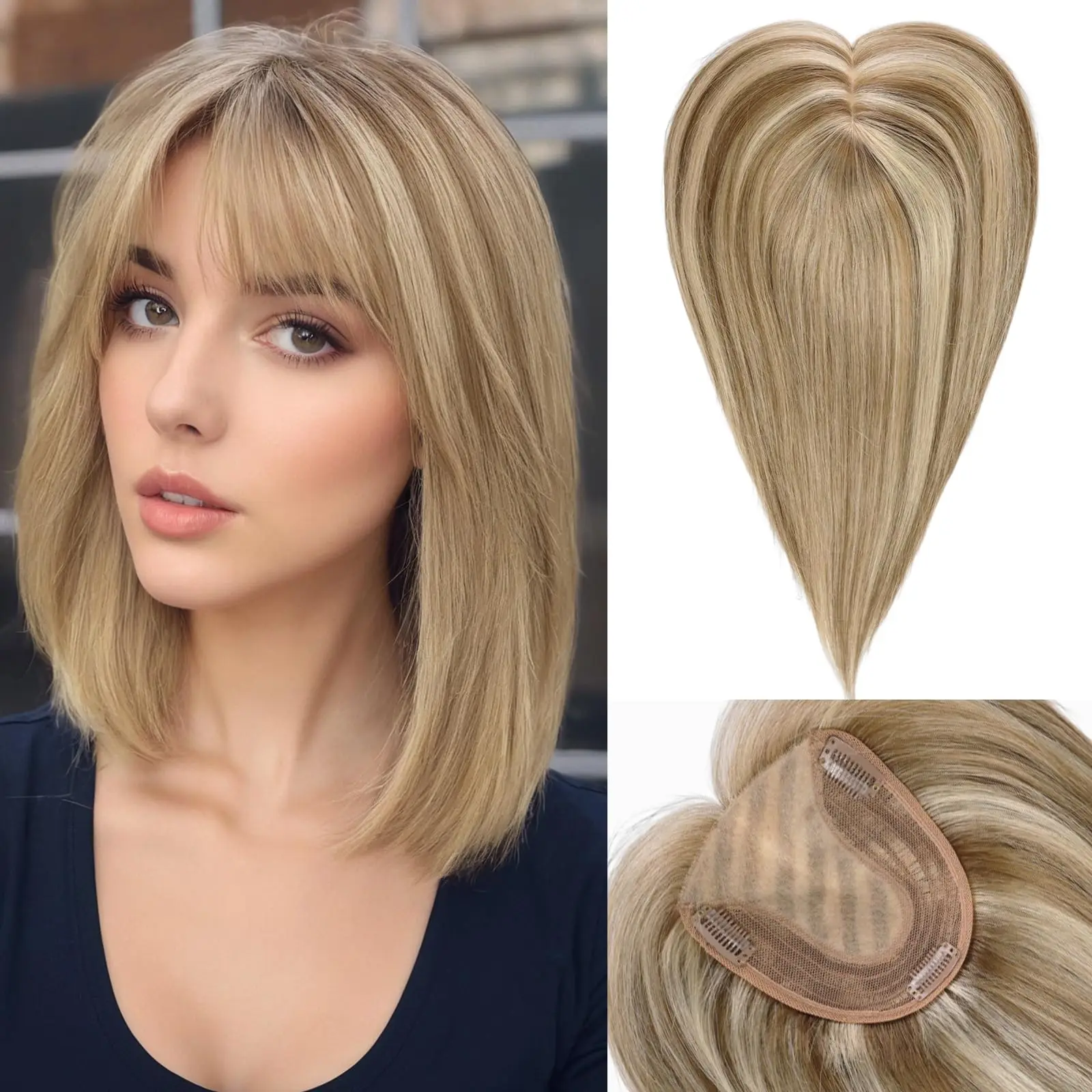 Brown Blonde Highlights Human Hair Toppers with Bangs for Women Hair Loss 14 inch Real Human Hair Toppers 5x5.5inch Silk Base