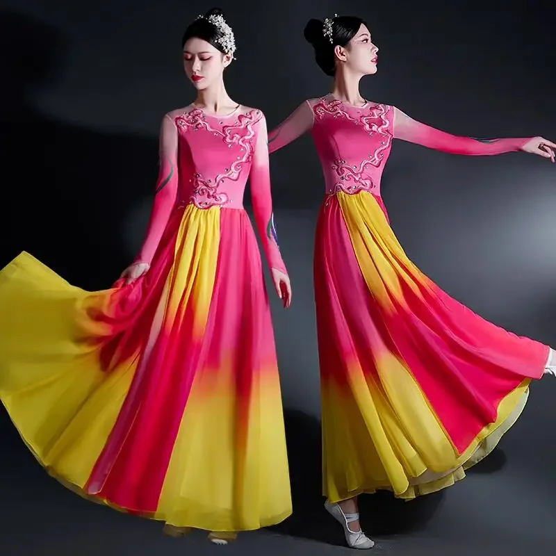 

Классический китайский танцевальный костюм с цветочным принтом, элегантное платье, современная танцевальная одежда с длинными рукавами, платье для группового пения