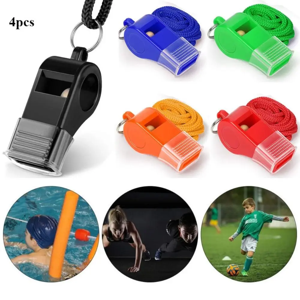 4pcs Plastic Referee Sport Whistle With Rope 7 Colors Football Basketball Whistle Cheerleaders Cheer Whistles