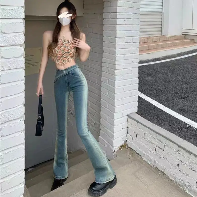 

Women's Fce Lined Low Waist Slim Fit Bell Bot Jeans High Waist Wide Leg Pants Casual Deep Color Cotton Polyester