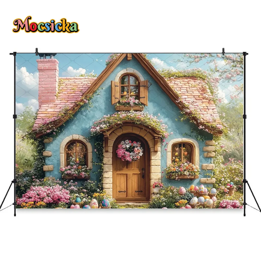 Mocsicka Easter House Background Photography Spring Fairyland Flower Egg Photo Backdrop Kid Birthday Party Baby Shower Photocall