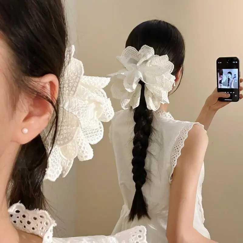

French-style White Flower Lace Ponytail Hairpin For Women Girls Sweet Hair Claws Headwear Fashion Versatile Hair Accessories