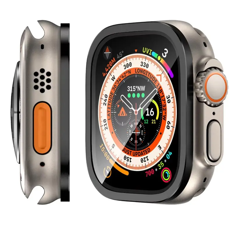 Impermeável vidro temperado protetor de tela, protetor Bumper iWatch, película transparente, capa de metal, 49mm, 49mm