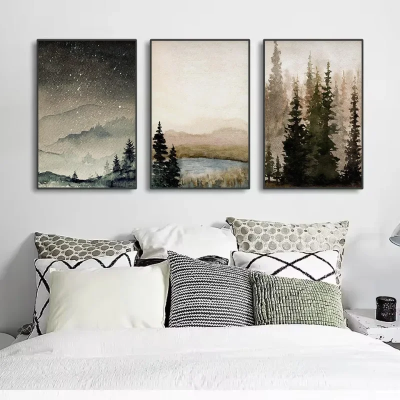 Watercolor Pine Tree Misty Forest Mountain Winter Landscape Aesthetic Poster Canvas Painting Wall Art Pictures Home Decor