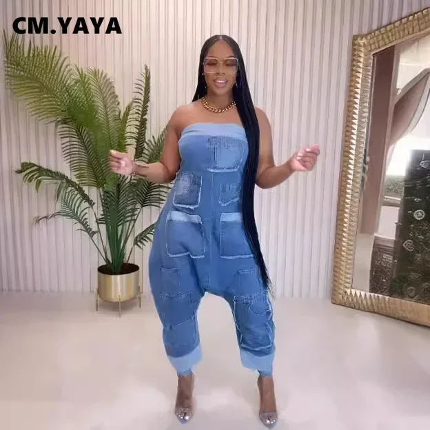 CM.YAYA Women Strapless Sleeveless Pockets Cargo Wide Leg Denim Jumpsuits 2024 Washed Oufits Street One Piece Loose Rompers