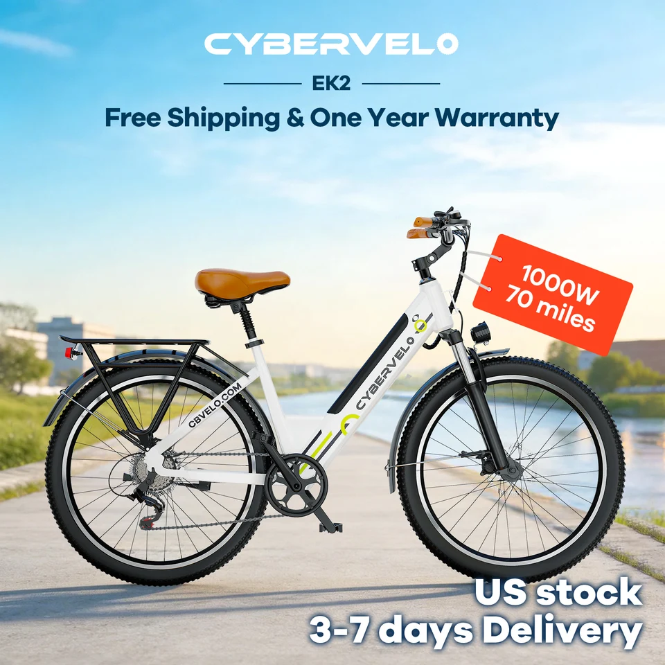 Cybervelo EK2 1000W Peak Electric Bike for Adults, 26 Inch Step-Thru Urban Commuter Ebike, Built-in Removable Battery, 7-Speed City Travel E-Bicycle