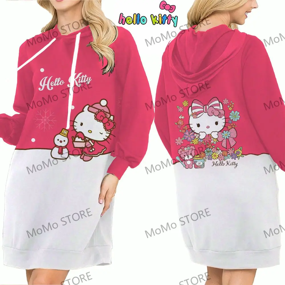 Lovely Hello Kitty Christmas Series Woman Clothes 2024 Anime Autumn Streetwear Women\'s Hoodie Dress Sweatshirts Kawaii 3D Print