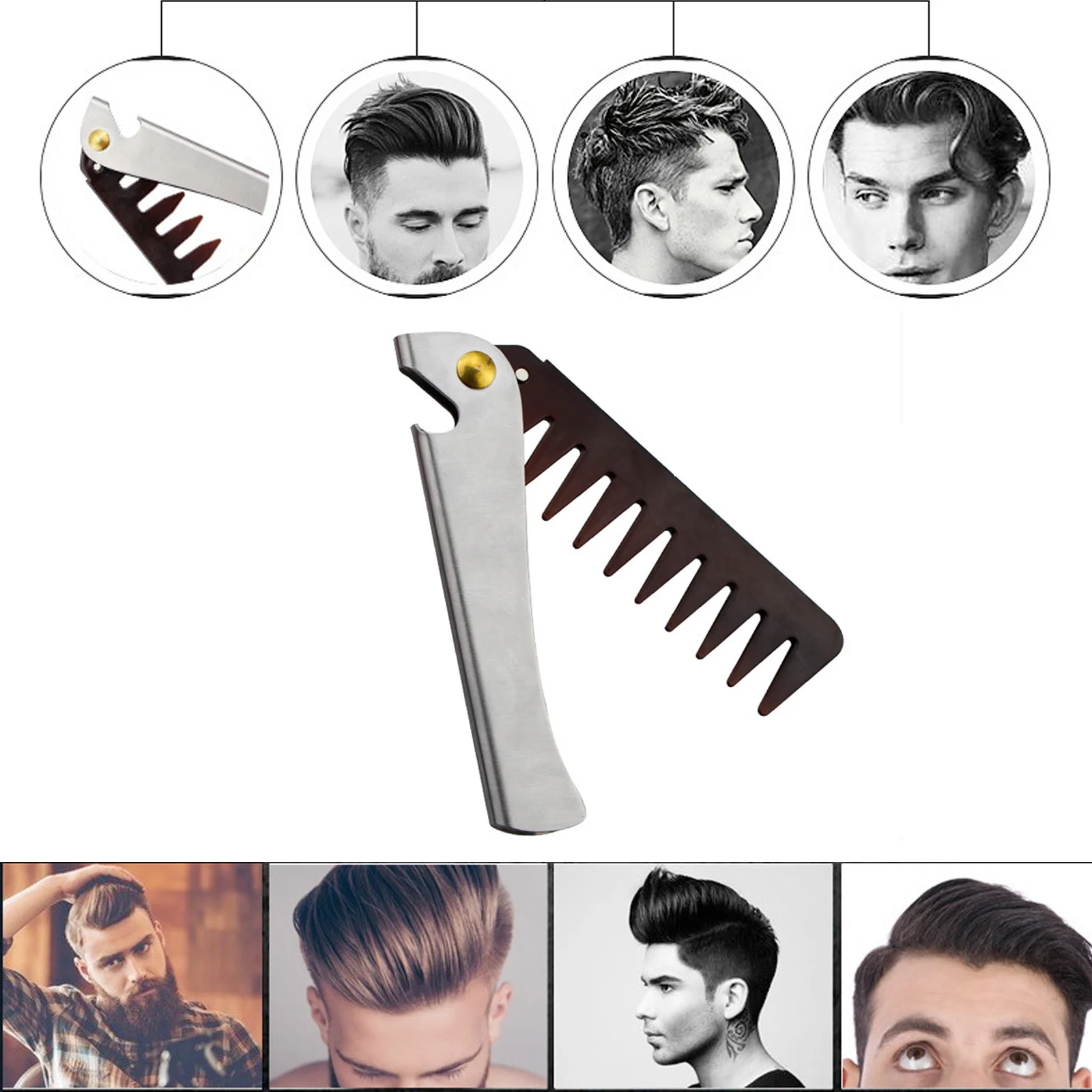 Portable Vintage Oil Head Comb Barber Stainless Steel Handle Folding Wide Teeth Men Comb Hairdressing Hair Modeling Styling Comb