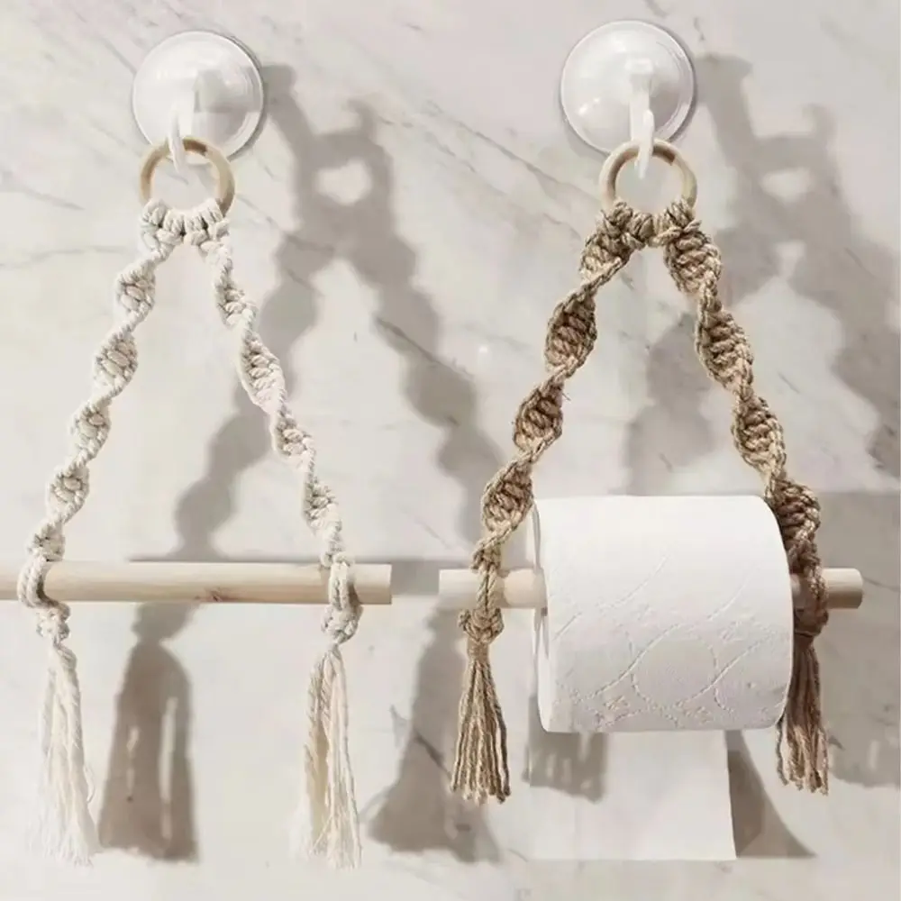 Nordic Style Bohemian Paper Towel Rack Cotton Thread Wall Hanging Hand-woven Paper Holder Creative Wooden Toilet Tissue Holder