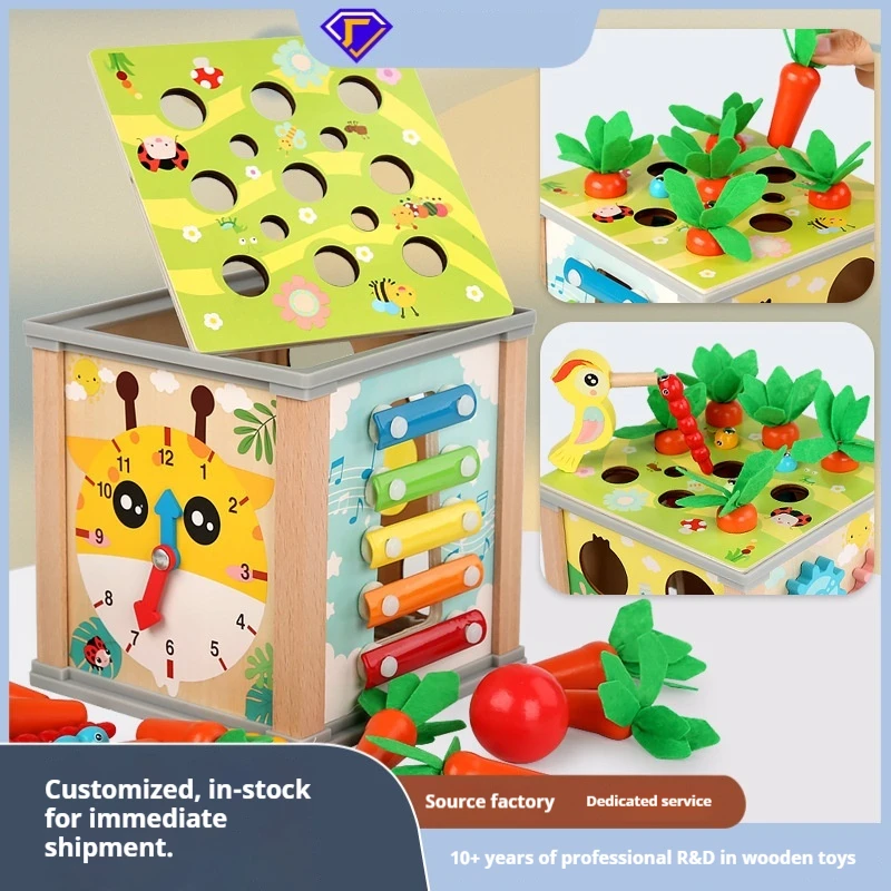 Wooden Activity Cube Nine In One Multifunctional Educational Toy Carrot Harvest Insect Catching Gear Fruit Shape Matching Game