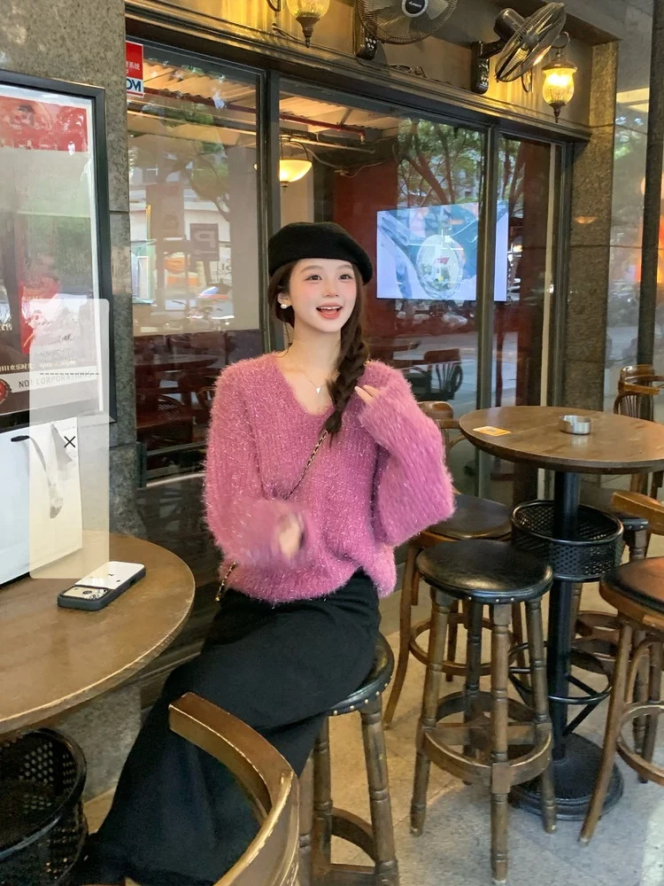 

Shiny Thread Loose Winter Sweater Elegant Style Casual Fashion Women's Knitwear Soft Pure Color round Neck Long Sleeve