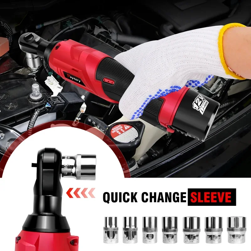 New 3/8 Inch Cordless Electric Wrench 90° Right Angle Ratchet Wrenches 12V Rechargeable Car Repair Tool with 2 Battery 7 Sockets