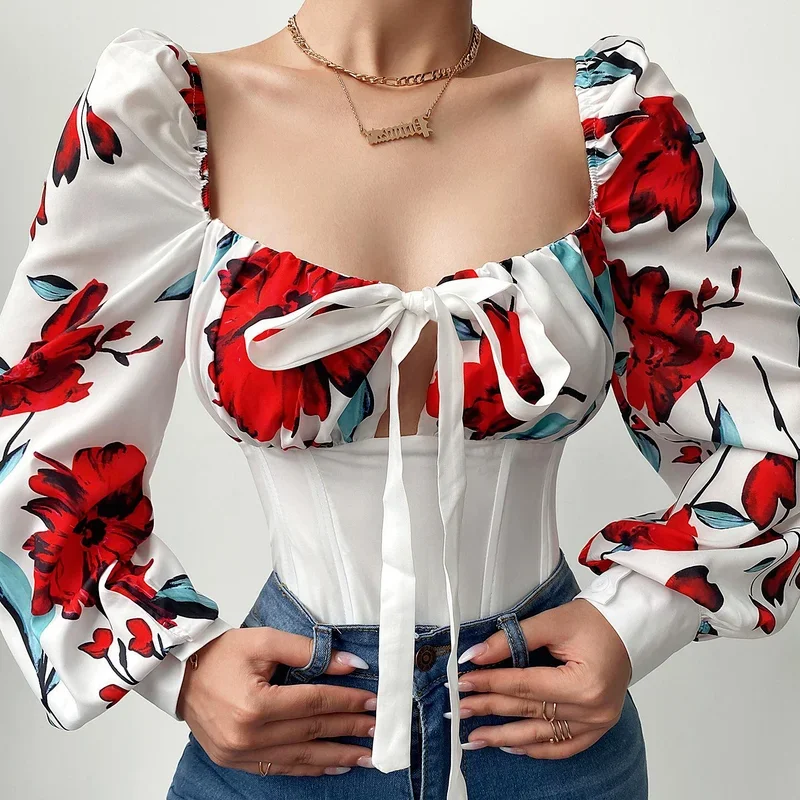 2024 Women's Printed Shirt Long Sleeve Top Puff Sleeve Square Neck Bandage Ladies Elegant Tunic Top Womens Tops and Blouses