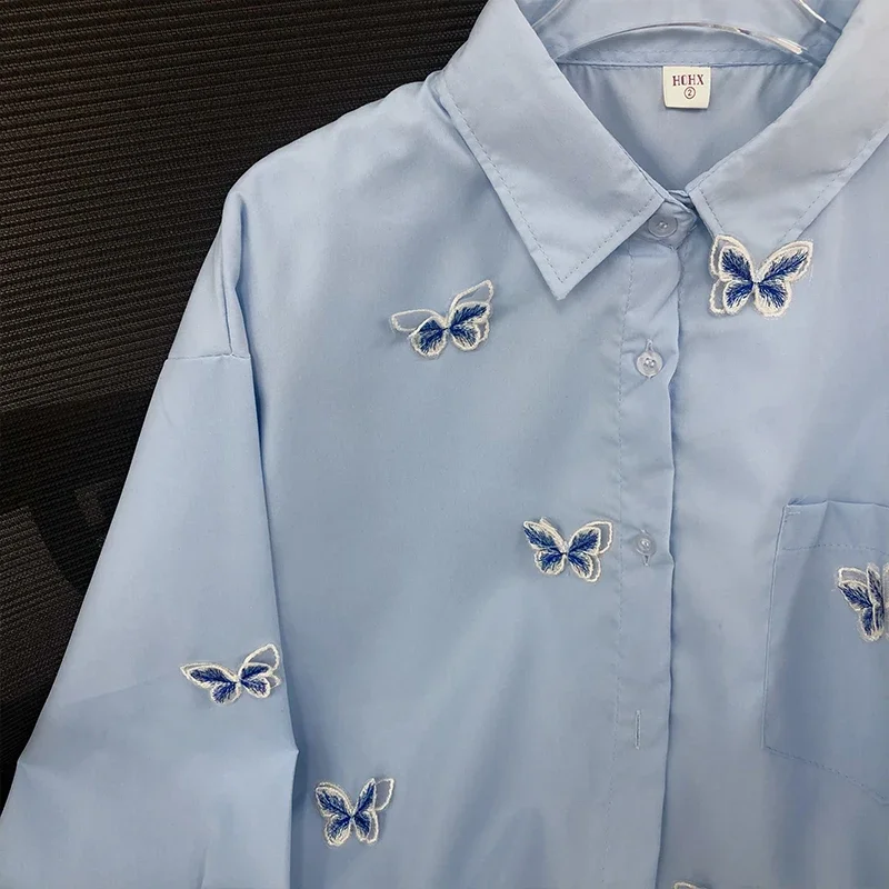 EBAIHUI Women Shirts Long Sleeve Butterfly Embroidered Blouses Spring Lapel Temperament Solid Female Blusas Basic Outwear Top