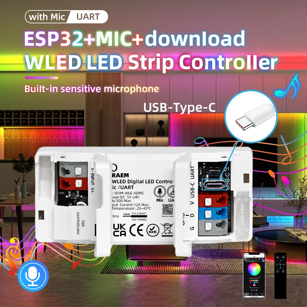 

ESP32 WLED Smart LED Controller 5-24V WiFi RGB Strip Controller with OTA Update 800 ICs Max GPIO16 Output for Digital LED Lights