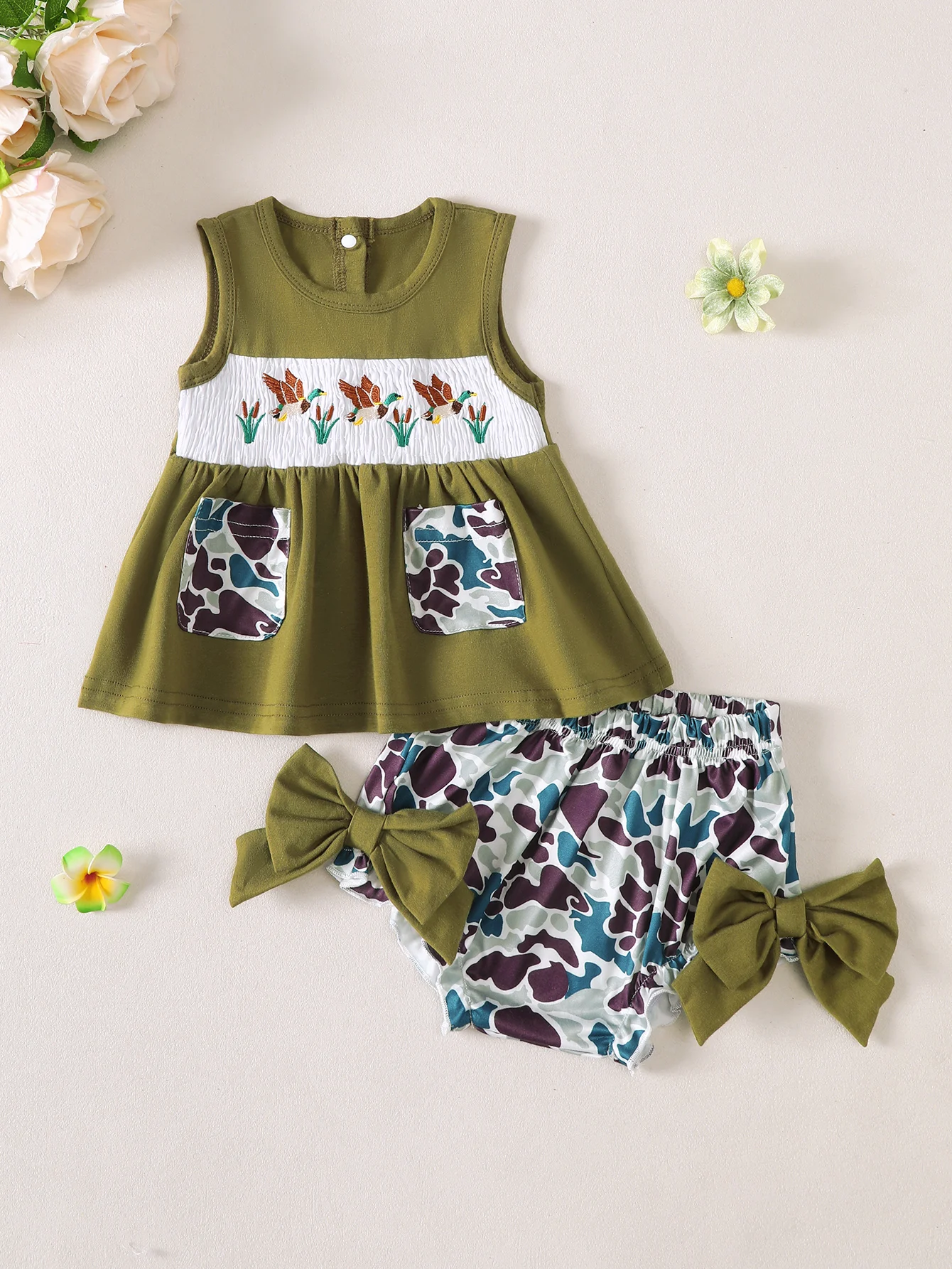 

Комплект одежды для девочек: летний костюм с вышивкой утки, круглый вырез, шорты, для малышей