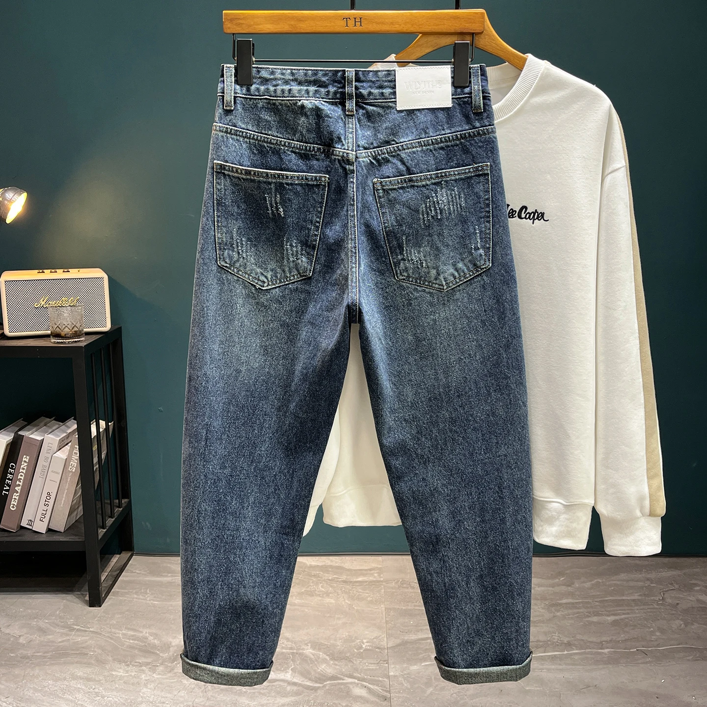 28-42 Large Size 100% Cotton Loose Men's Tapered Jeans Autumn New American Retro Scratched Harem Pants Non-elastic Carrot Pants